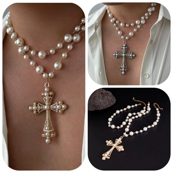 NWT Pearl 2 Pieces Choker  and Cross Pendant Necklace - Picture 11 of 11